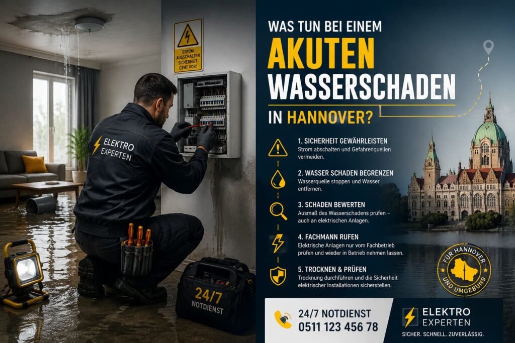 Elektriker beseitigt Wasserschäden und prüft sichere Stromversorgung in einem überfluteten Gebäude in Hannover.