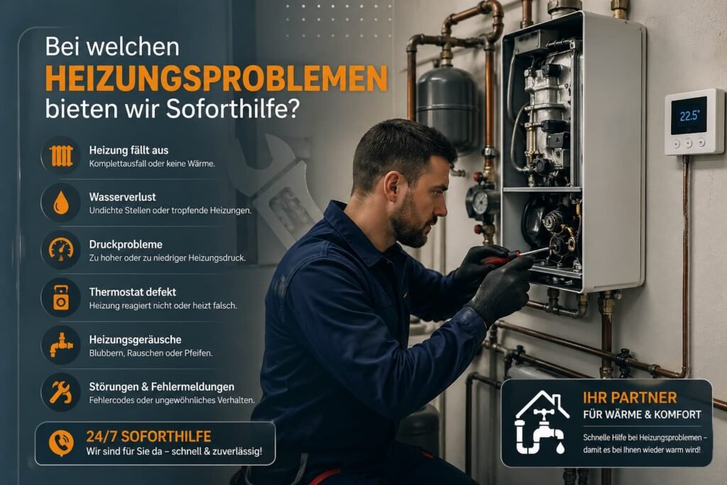 Klempner repariert eine Heizungsanlage in einem Wohnhaus mit professionellen Werkzeugen