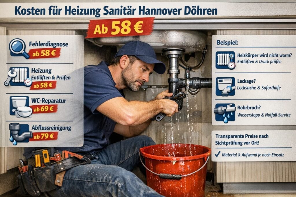 Kosten Heizung Sanitär Hannover Döhren – Klempner repariert Rohrleck ab 58 € mit transparenter Preisübersicht