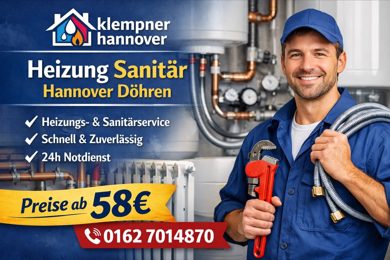Klempner Hannover – Professioneller Heizung- und Sanitärservice in Hannover Döhren ab 58€ mit 24h Notdienst