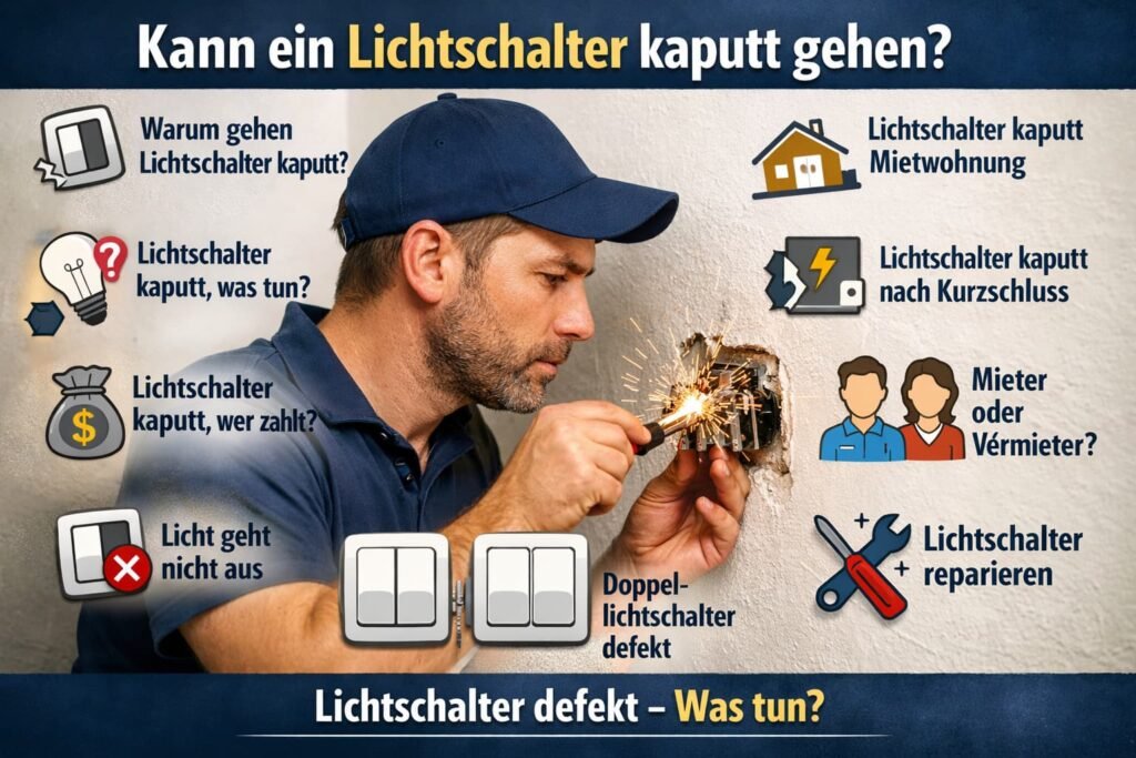 Defekter Lichtschalter wird von Techniker repariert – Ursachen, Lösungen und Mietrecht erklärt