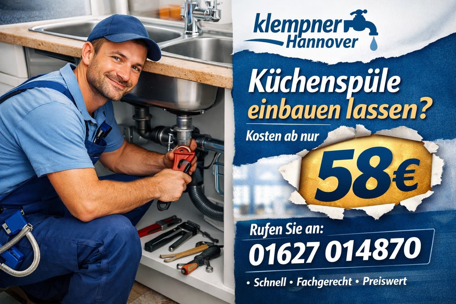 Klempner Hannover installiert Küchenspüle – professionelle Montage ab 58€ mit schnellem Service