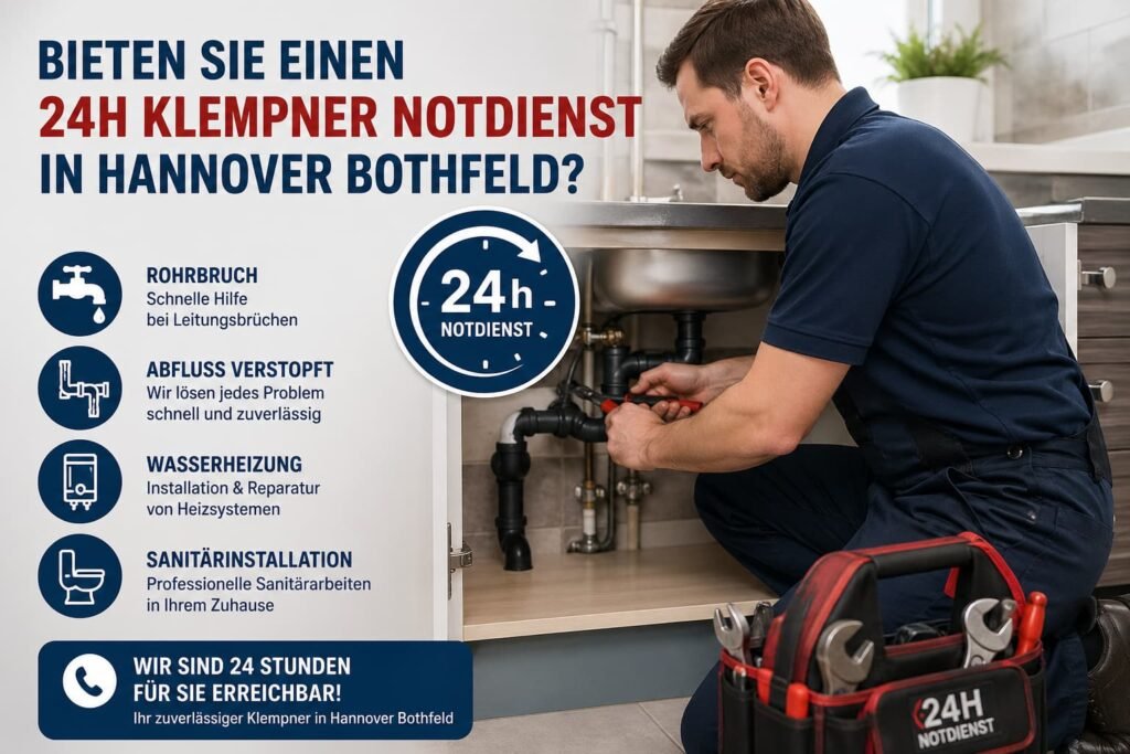 Klempner repariert ein Wasserleck unter der Spüle in einer modernen Küche mit professionellen Werkzeugen und Service-Symbolen