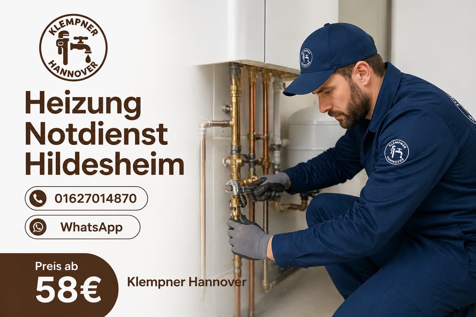 Professioneller Heizungsmonteur bei der Reparatur einer Anlage in modernem Innenraum mit klaren Kontaktangaben und Preisinfo.
