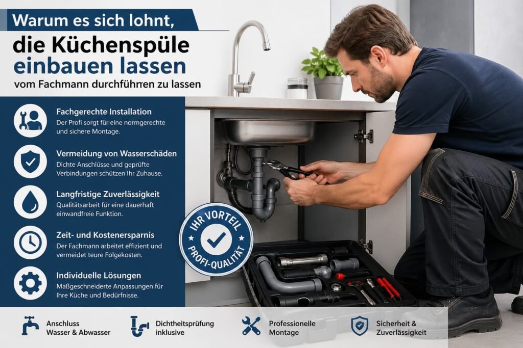 Professioneller Klempner repariert eine Küchenspüle mit modernen Werkzeugen und übersichtlichem Design