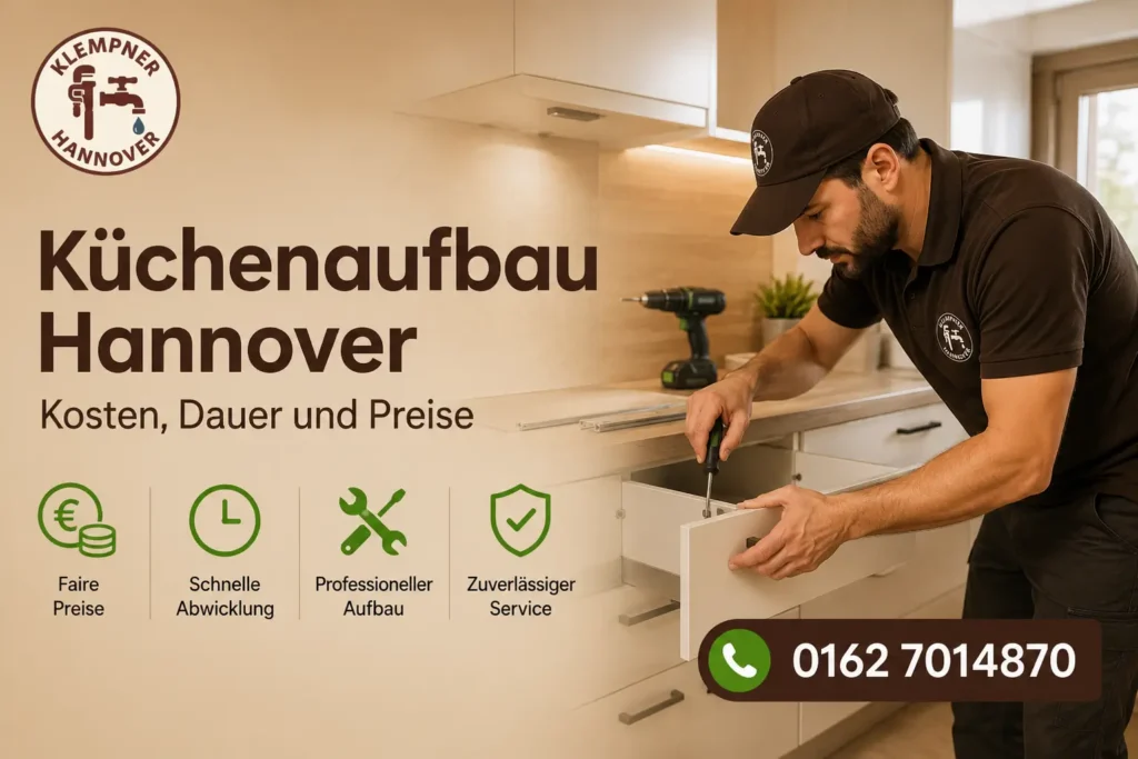 Monteur beim professionellen Kücheneinbau mit vier grünen Service-Symbolen.