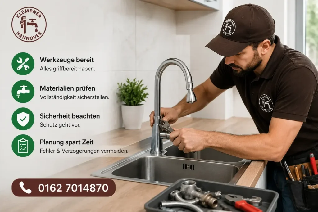 Fachmann bei der Reparatur einer Küchenarmatur mit Werkzeugen und Sicherheitshinweisen.