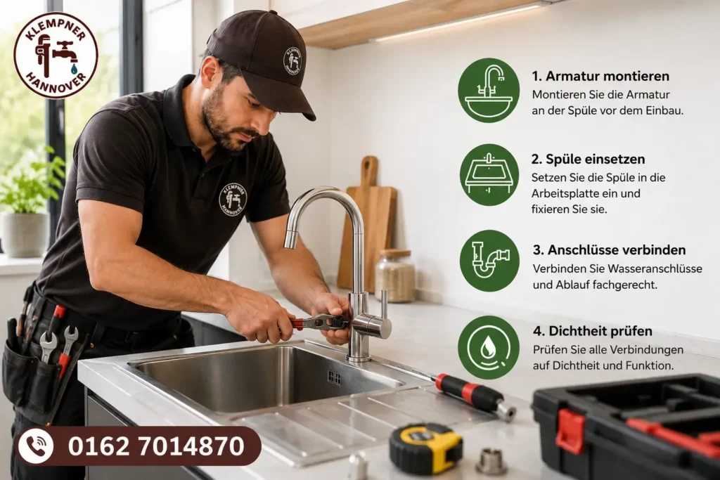 Installateur montiert eine Küchenarmatur an einer Spüle mit vier Arbeitsschritten.