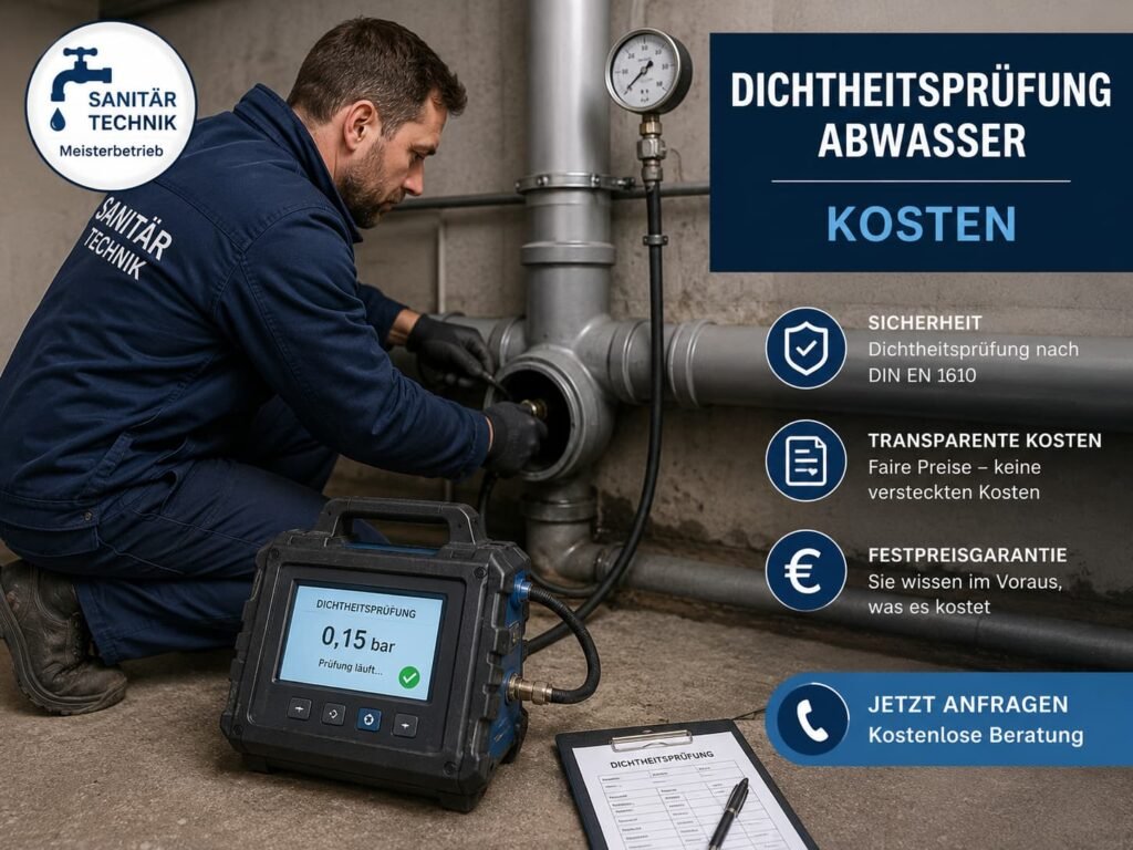 Dichtheitsprüfung Abwasser Kosten – Sanitärtechniker prüft Abwasserrohre mit moderner Technik.