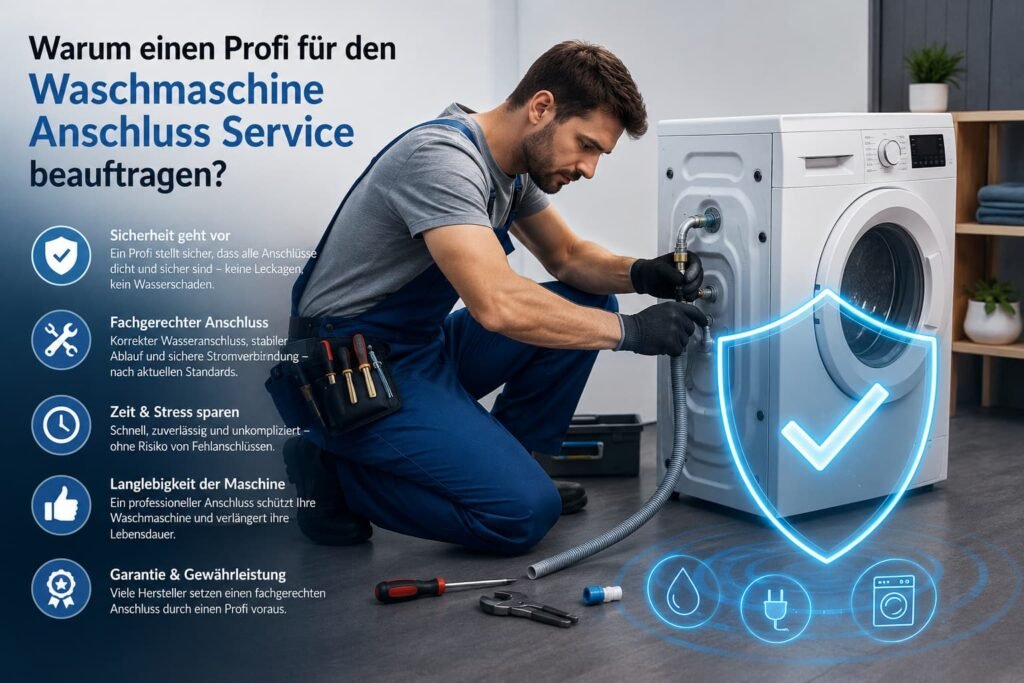 Professioneller Techniker repariert eine Waschmaschine sicher und zuverlässig in modernem Zuhause.