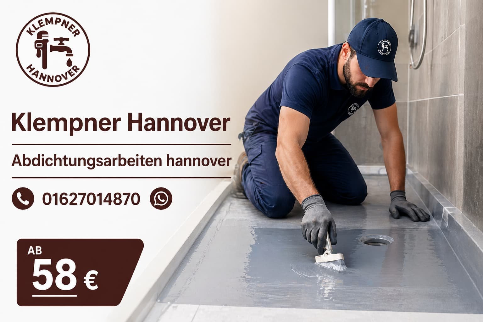 Klempner Hannover Techniker bei Dichtungsarbeit im Badezimmer mit professioneller Ausrüstung und Serviceangebot ab 58€