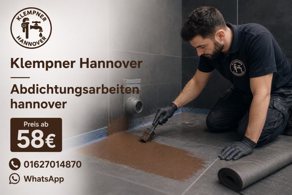 Klempner Hannover Techniker bei professioneller Abdichtung im Badezimmer mit Preisangabe und Kontaktinformationen