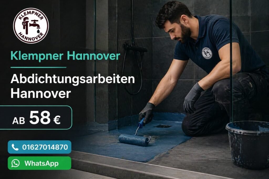 Professioneller Klempner bei Abdichtungsarbeiten im modernen Badezimmer in Hannover mit Kontakt- und Preisinformationen.