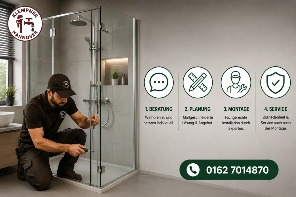 Monteur bei der professionellen Montage einer modernen Glasdusche im Badezimmer