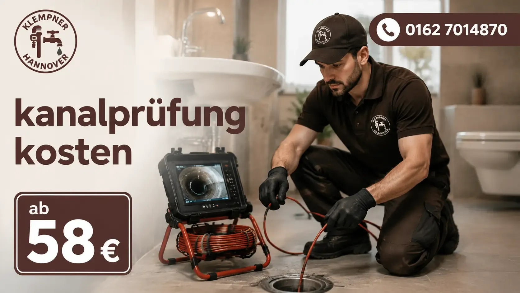 Klempner bei der Kanalinspektion mit Kameraausrüstung im Badezimmer