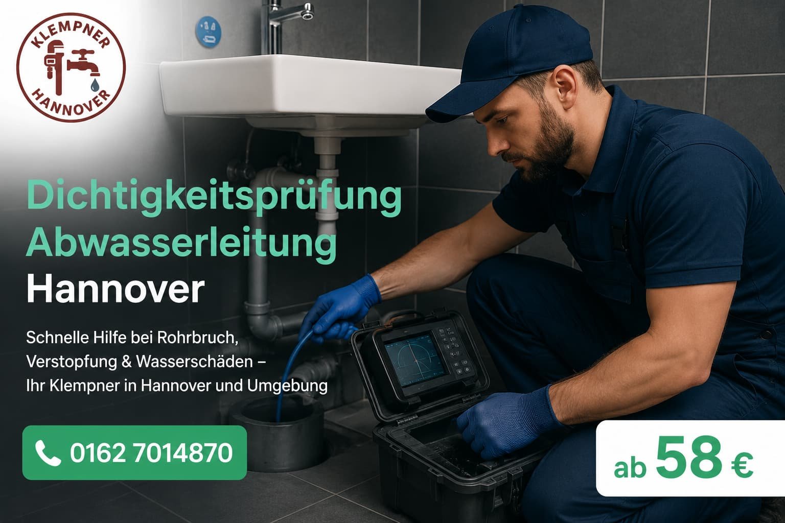 Professioneller Sanitärtechniker bei der Prüfung und Wartung von Abwasserrohren in Hannover