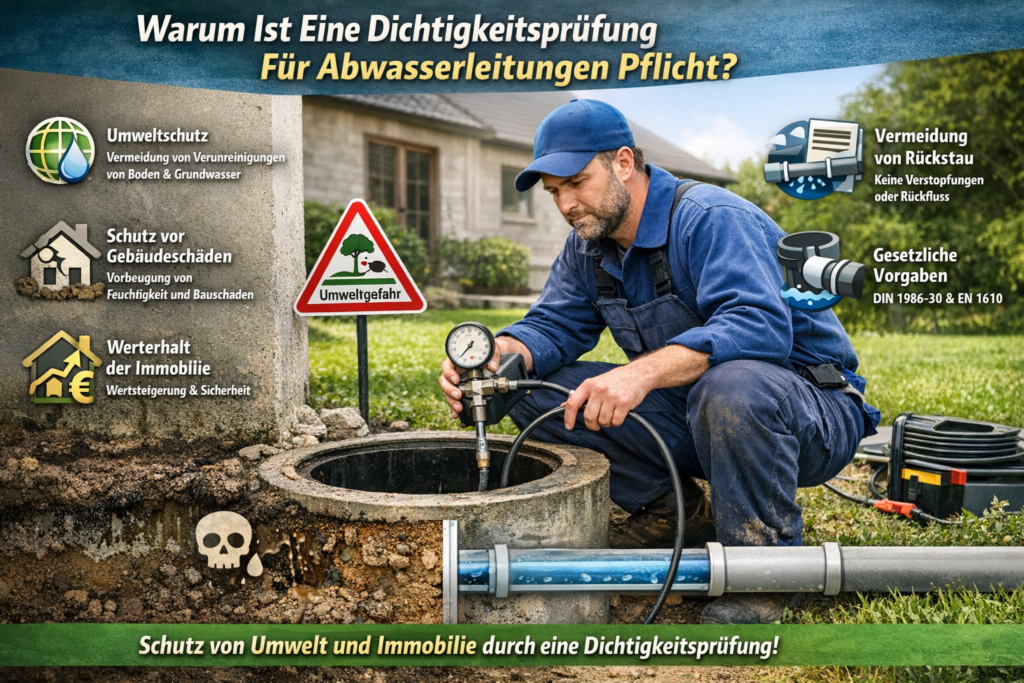 Installateur prüft Abwasserleitung mit Messgerät im Außenbereich, um Schäden und Umweltbelastung zu vermeiden
