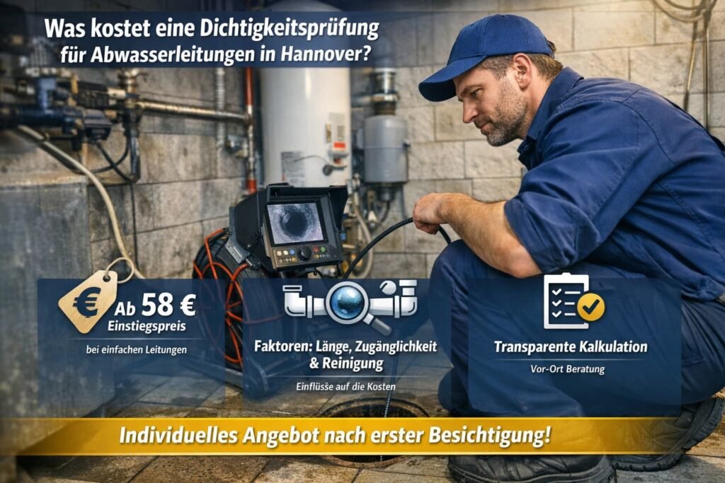 Installateur prüft Abwasserrohr mit Kamera und Werkzeug in Kellerraum