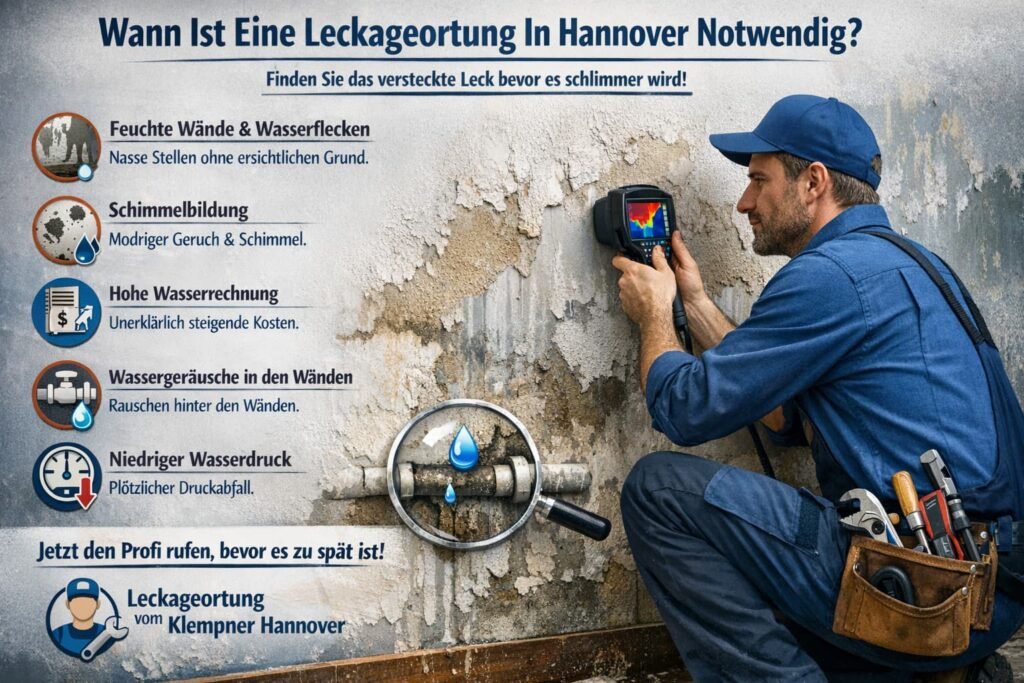 Klempner prüft feuchte Wand mit Messgerät und erkennt verstecktes Wasserleck anhand typischer Anzeichen