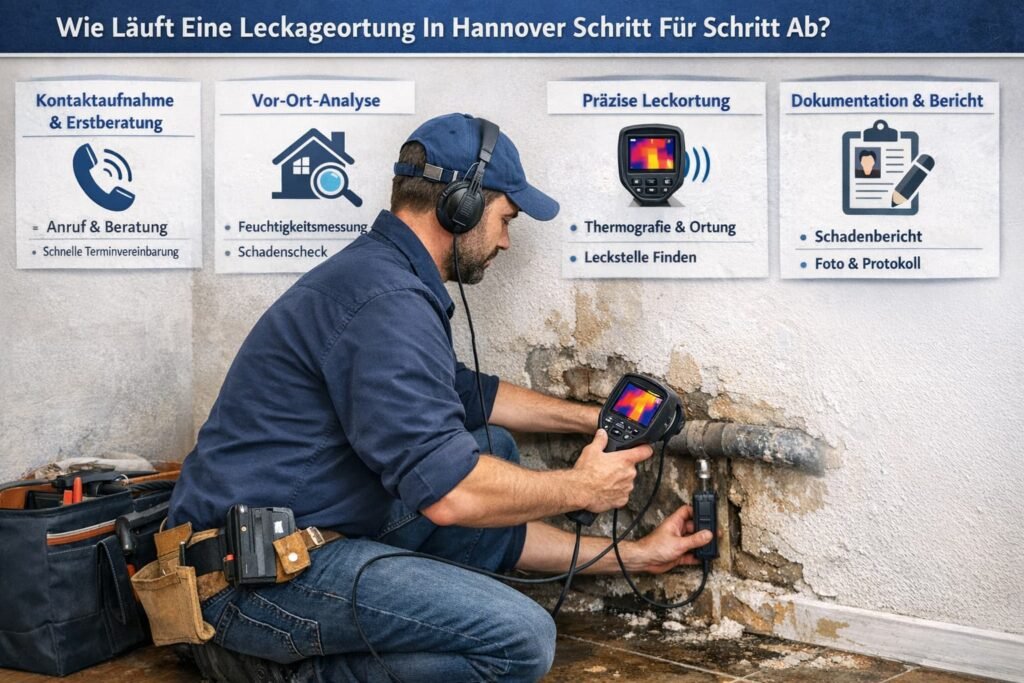 Techniker bei der Lecksuche mit Messgerät und Dokumentation an beschädigter Wand