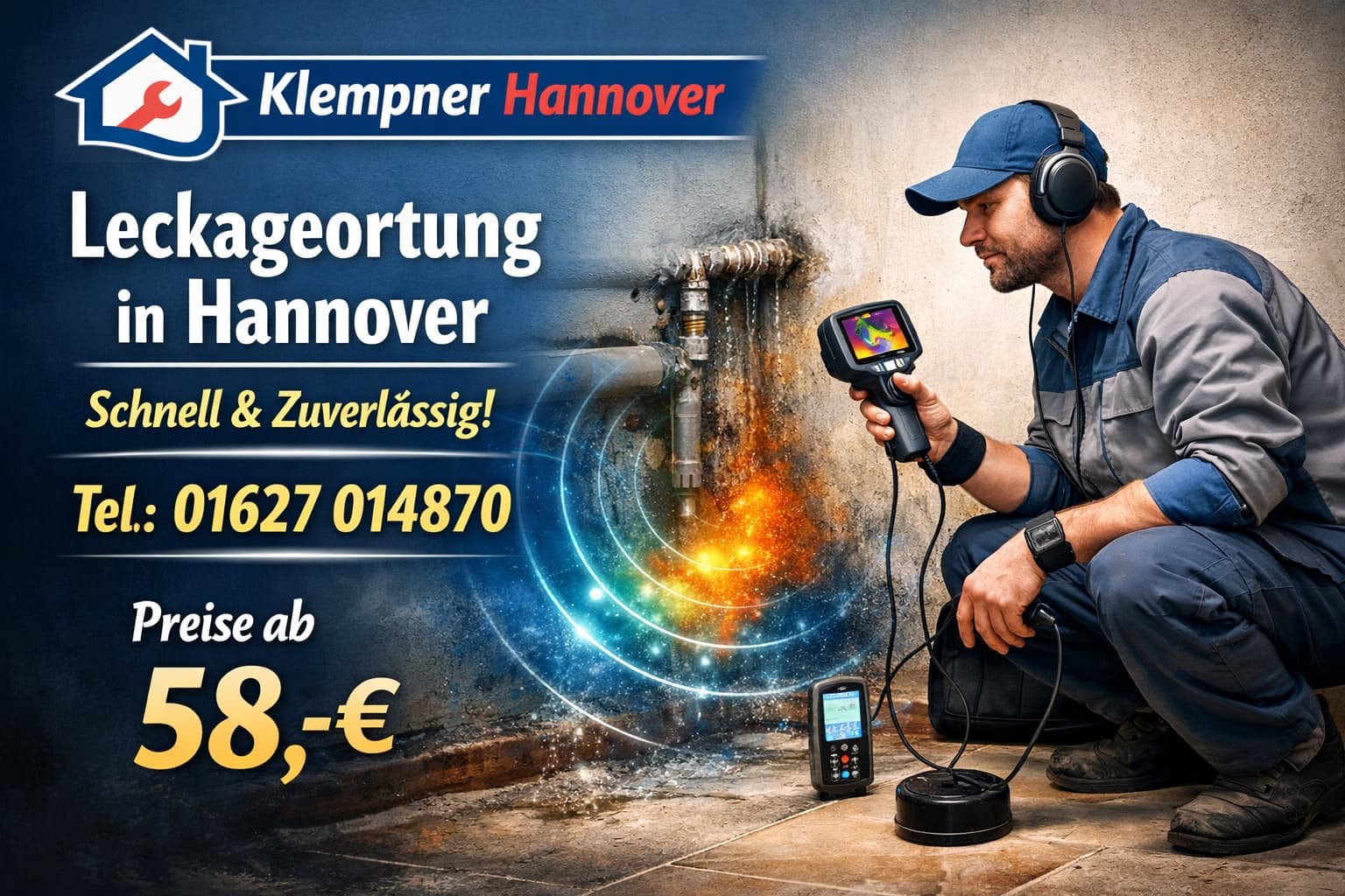 Professioneller Installateur bei der präzisen Ortung eines Wasserlecks mit moderner Technik in einem Gebäude in Hannover.