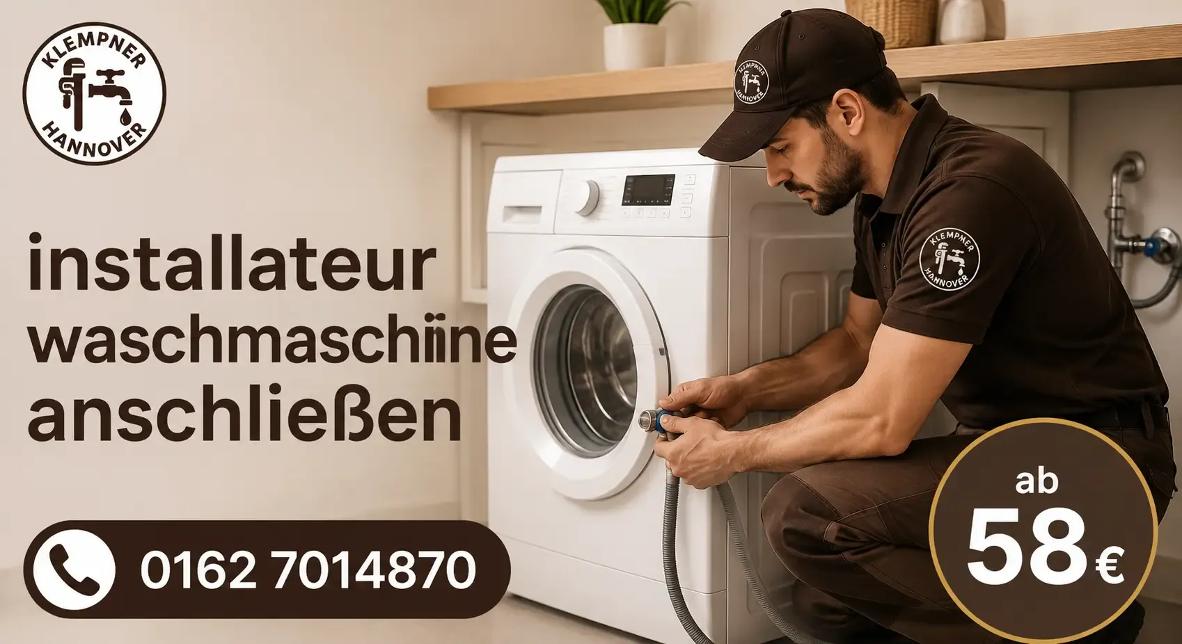 Fachkraft bei der Installation einer Waschmaschine im Haushalt