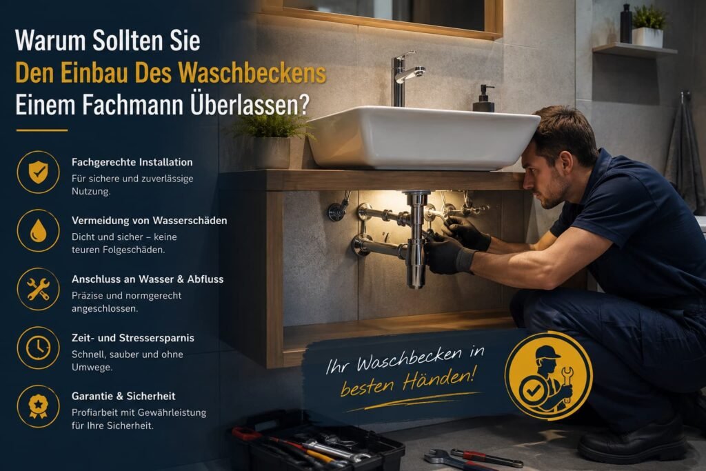 Professioneller Installateur montiert ein Waschbecken und behebt ein Sanitärproblem im modernen Badezimmer.