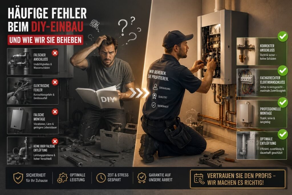 Techniker behebt häufige DIY-Einbaufehler professionell und sicher bei moderner Heizungsinstallation.