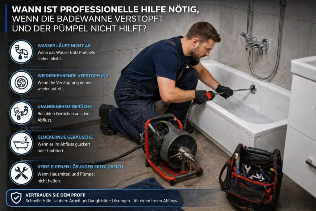 Klempner behebt verstopfte Badewanne mit professionellem Werkzeug und Diagnose-Symbolen
