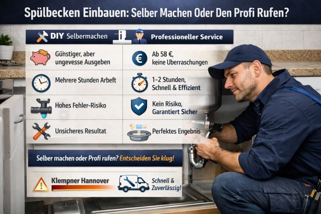 Techniker repariert Spülbecken unter Küchenarbeitsplatte mit Werkzeug und Infografik zu Kosten, Zeit und Risiko