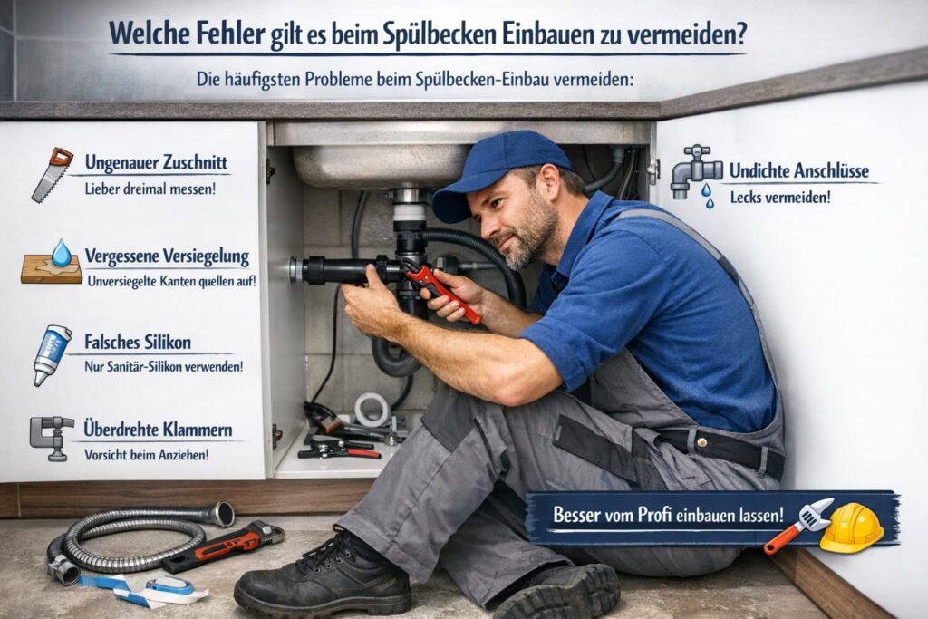 Installateur behebt Problem unter Küchenspüle mit Werkzeug und Tipps zu typischen Montagefehlern