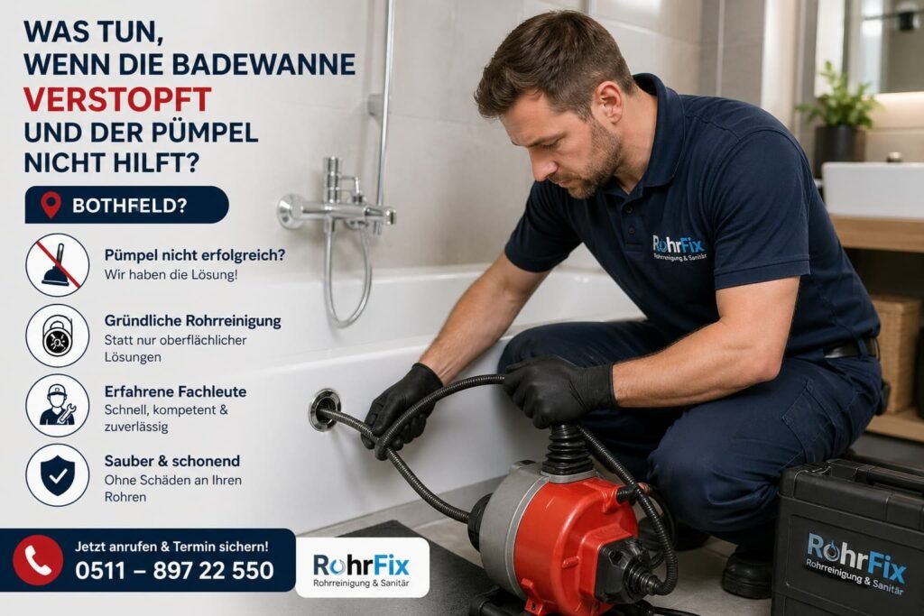 Professioneller Klempner beseitigt eine Verstopfung in der Badewanne mit moderner Ausrüstung in einem sauberen Badezimmer