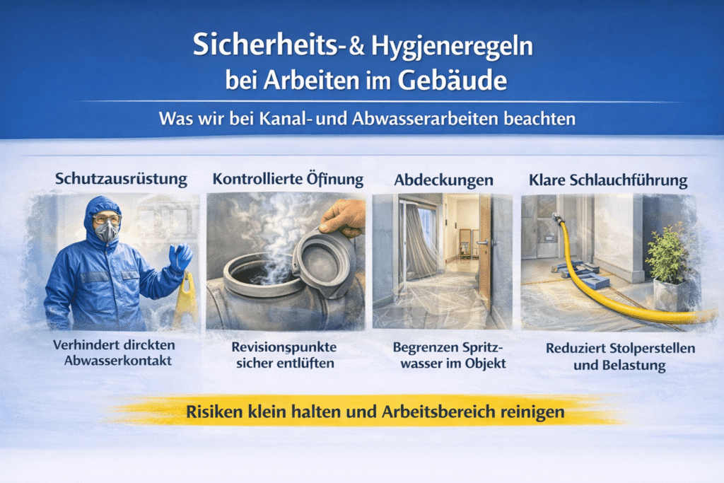 Rechteckige Grafik zu Sicherheits- und Hygieneregeln bei Abwasserarbeiten mit Symbolen für Schutzkleidung, kontrollierte Öffnung, Abdeckungen und sichere Schlauchführung.
