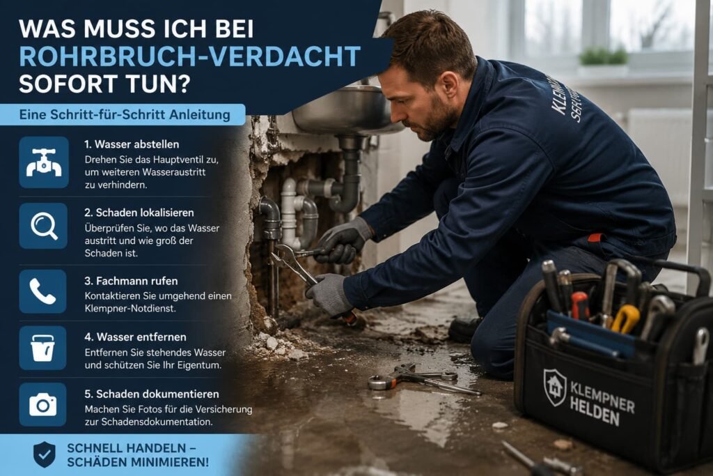 Installateur stoppt Wasserschaden an einer defekten Wasserleitung im Haus.