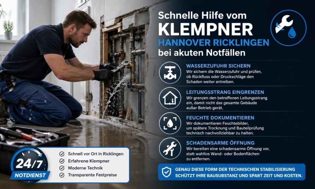 Fachmann repariert Wasserleck an Rohrleitung in Innenraum, mit Werkzeug und sichtbarem Wasseraustritt