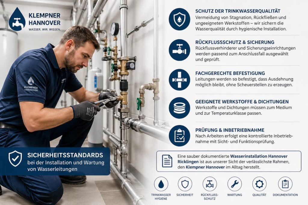 Kreativer Banner mit Installateur bei der Reparatur von Rohrleitungen, ergänzt durch Symbole für Hygiene, Sicherheit und fachgerechte Montage in einer modernen Umgebung.