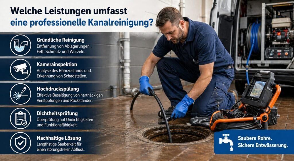 Installateur behebt ein Leck unter dem Waschbecken, mit übersichtlichen Service-Icons und Leistungsdarstellung.