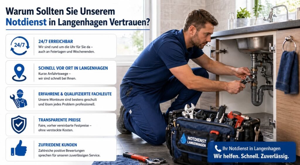 Plumber repairing under-sink pipes with service benefits icons and professional emergency support banner