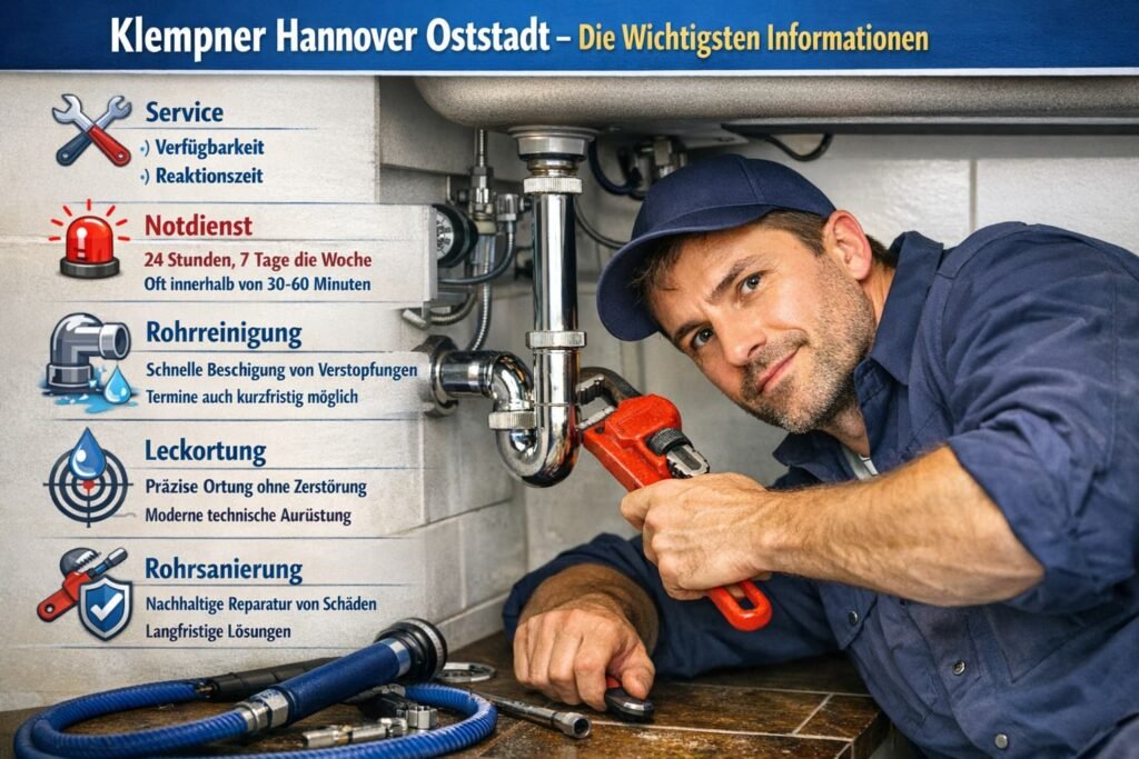 Klempner arbeitet unter Spüle mit Werkzeug und behebt Rohrproblem, Service-Icons daneben