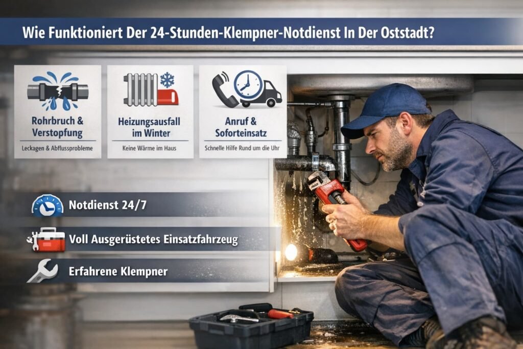 Klempner repariert ein undichtes Rohr unter der Spüle, während Symbole wichtige Notfallservices wie Heizung, Abfluss und schnelle Hilfe darstellen