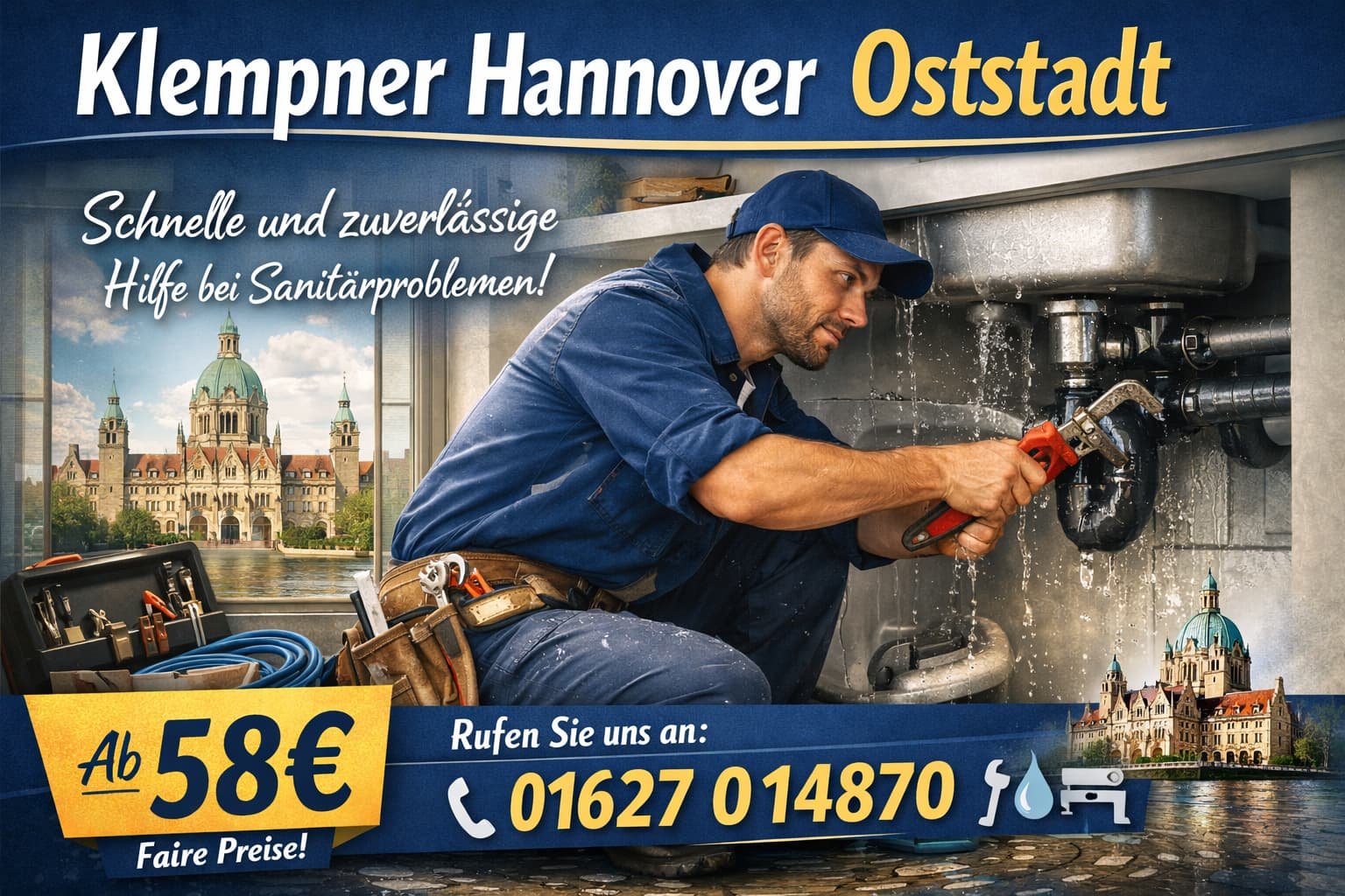 Professioneller Installateur behebt einen Rohrschaden unter der Spüle in moderner Wohnung, mit Fokus auf schnelle Hilfe und faire Preise.