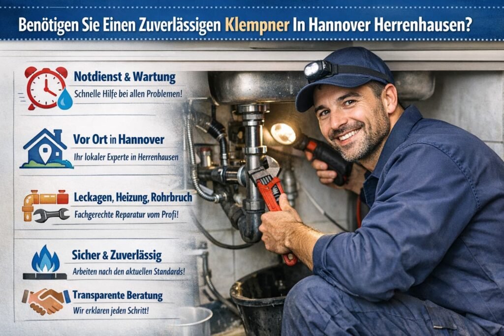 Professioneller Installateur repariert ein Rohr unter der Spüle, begleitet von Service-Icons und kurzen Leistungsbeschreibungen.