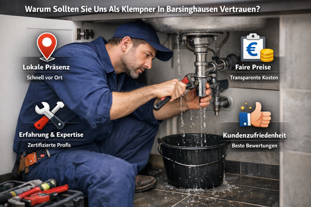 Ein Handwerker repariert ein undichtes Rohr unter einem Waschbecken, umgeben von Werkzeugen und Symbolen für Service