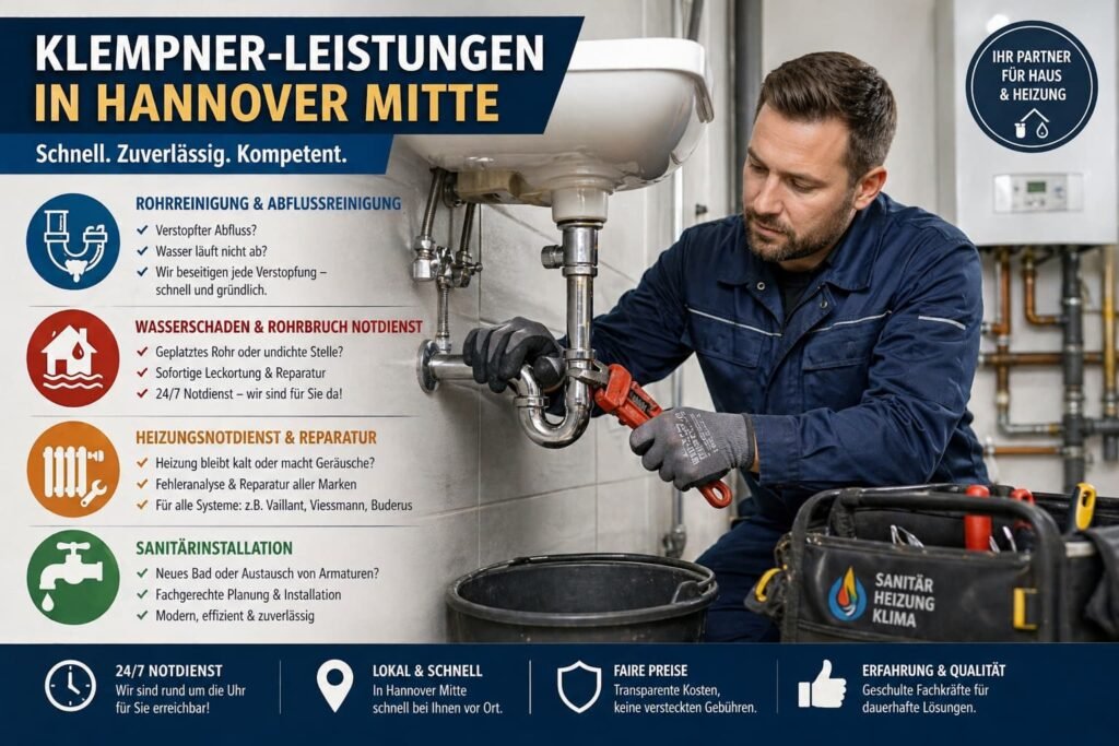Installateur behebt ein Problem unter der Spüle, begleitet von übersichtlichen Service-Icons und Leistungsinfos.