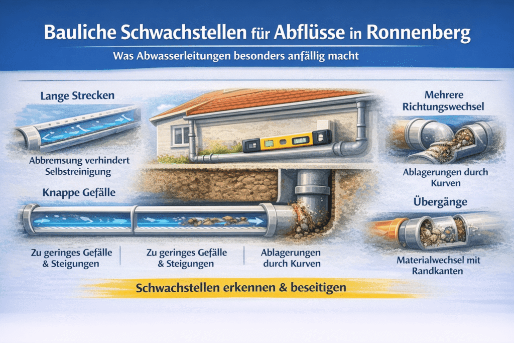 Grafik zu anfälligen Abflussleitungen in Ronnenberg mit Rohr- und Gefälle-Symbolen.