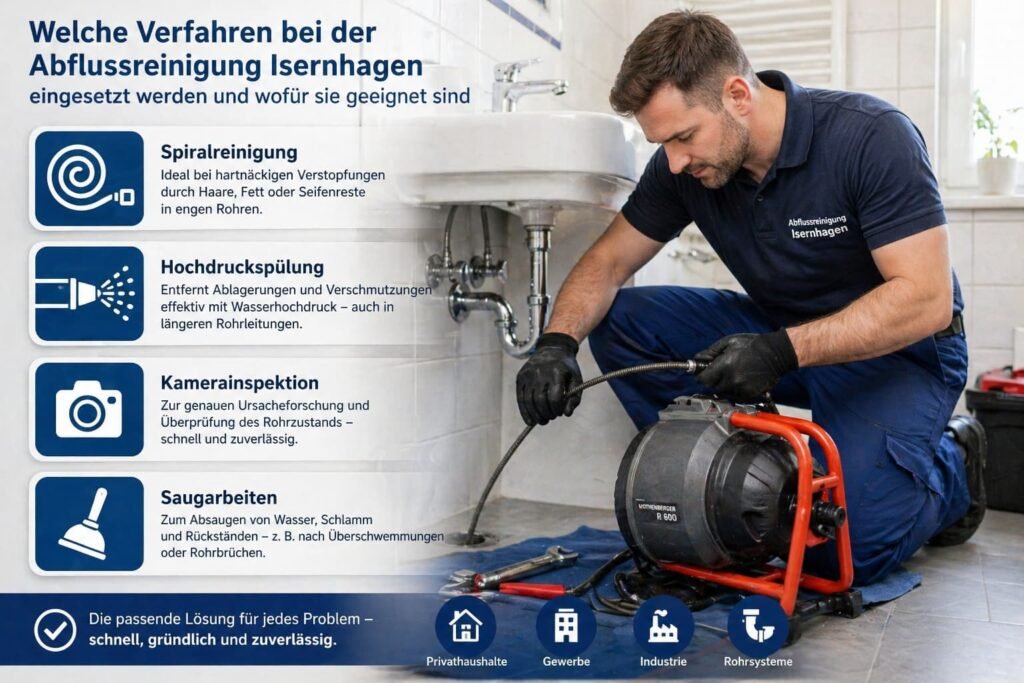Klempner beseitigt Rohrverstopfung im Badezimmer mit moderner Technik und visueller Übersicht der Reinigungsmethoden