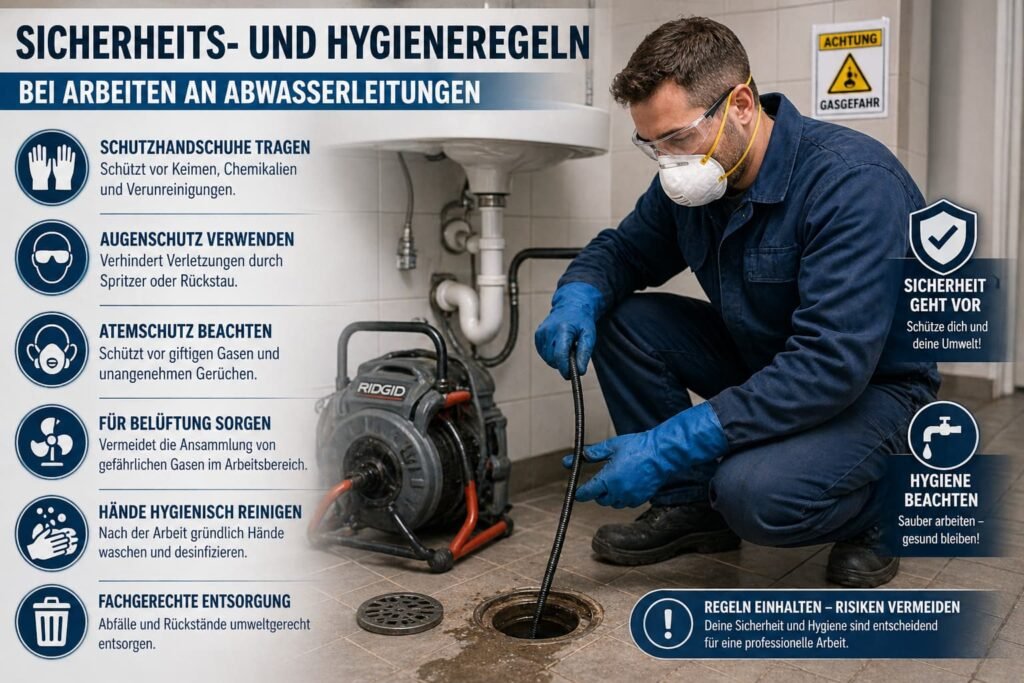 Klempner mit Schutzkleidung arbeitet an Abfluss mit Sicherheits- und Hygieneregeln Icons