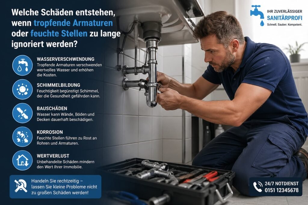 Ein Installateur repariert ein undichtes Rohr unter einem Waschbecken, während Symbole typische Wasserschäden wie Schimmel, Korrosion und Materialschäden veranschaulichen.