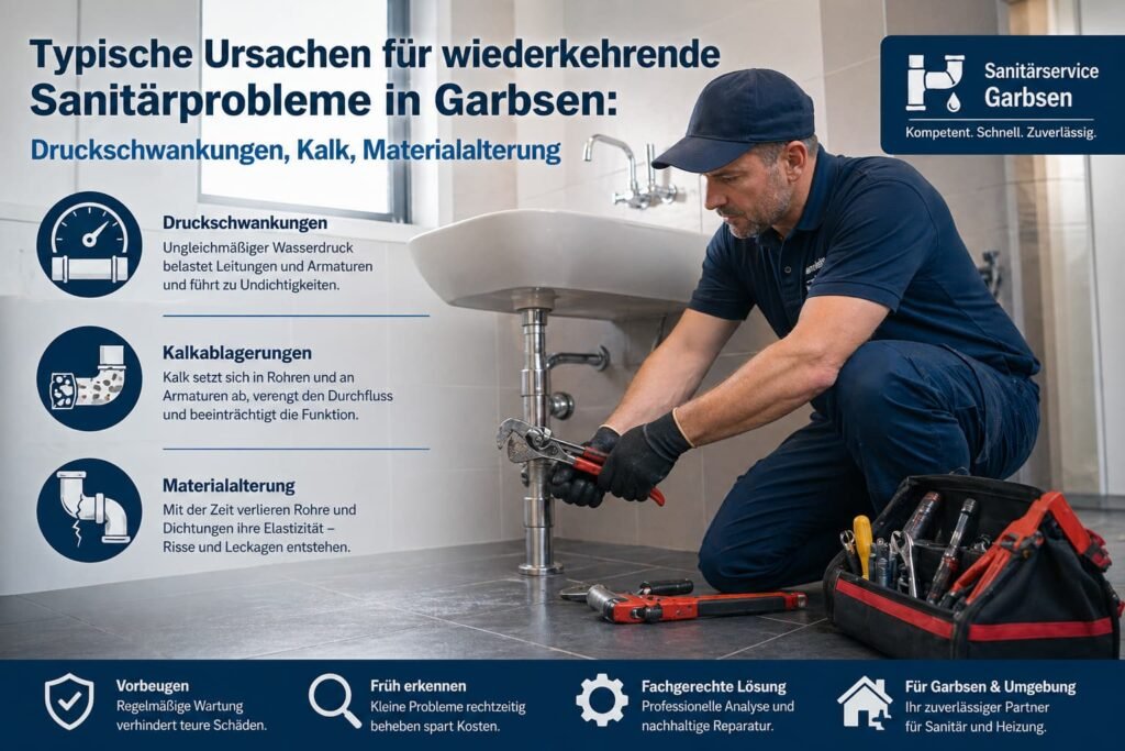 Installateur repariert Waschbecken und erklärt Ursachen wie Druckprobleme, Kalkablagerungen und Materialverschleiß