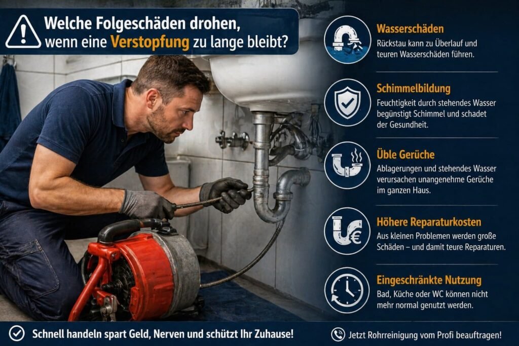 Klempner beseitigt Rohrverstopfung unter Spüle – Darstellung möglicher Folgeschäden wie Wasser, Schimmel und Gerüche